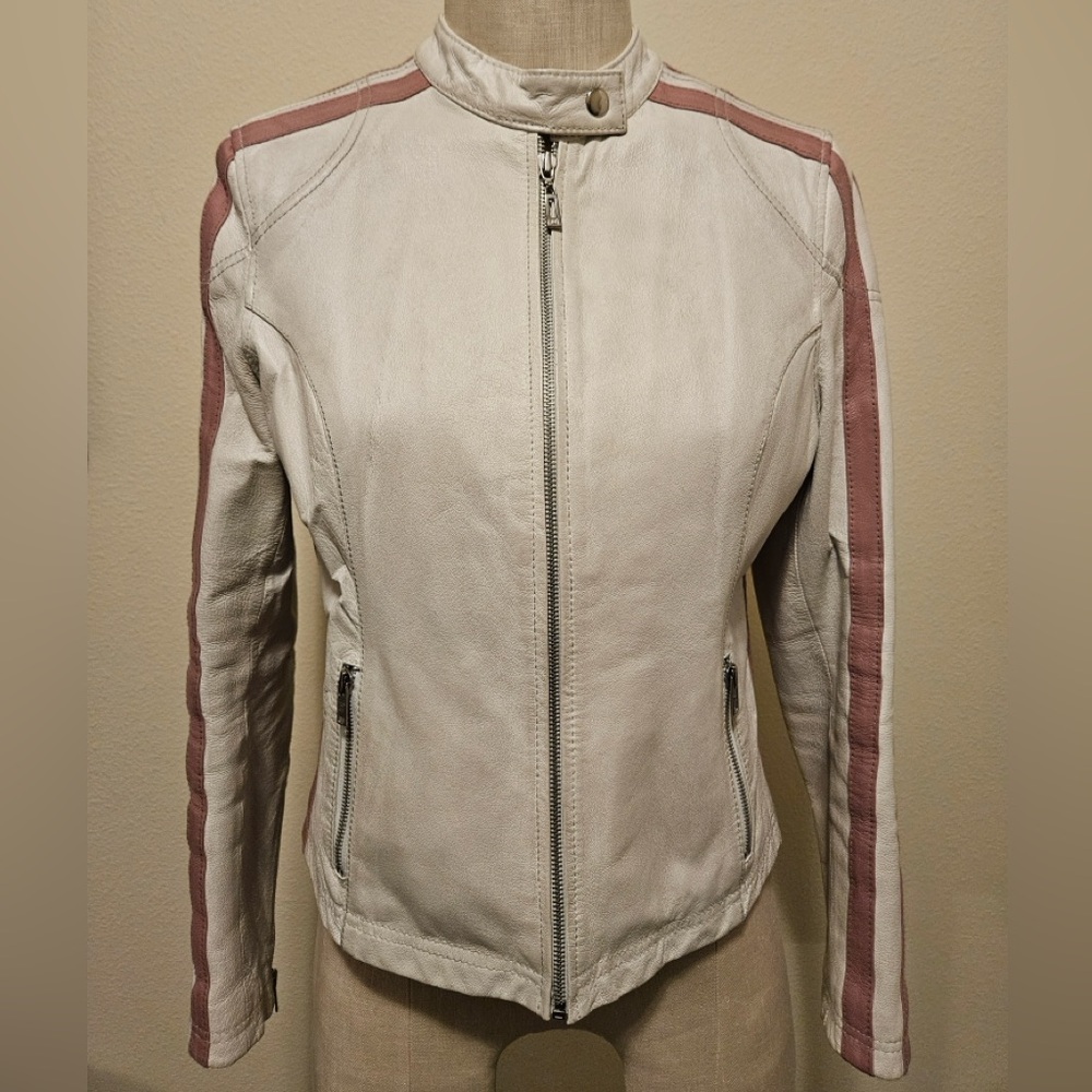 Wilsons Leather Off-White & Muted Pink Stripe Moto Leather Jacket Full Zip Sz M